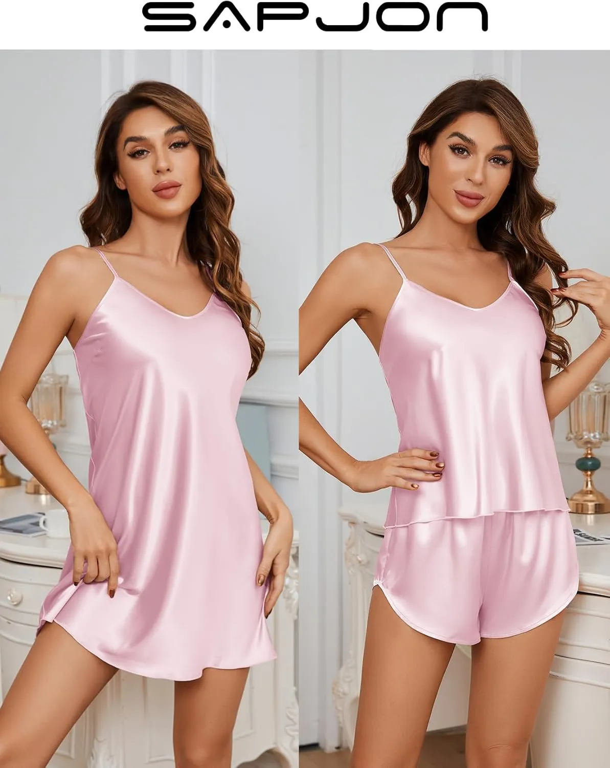 SAPJON Silk Pajamas for Women 5Pcs Sleepwear Loungewear Satin Robe Cami Shorts Pj Set