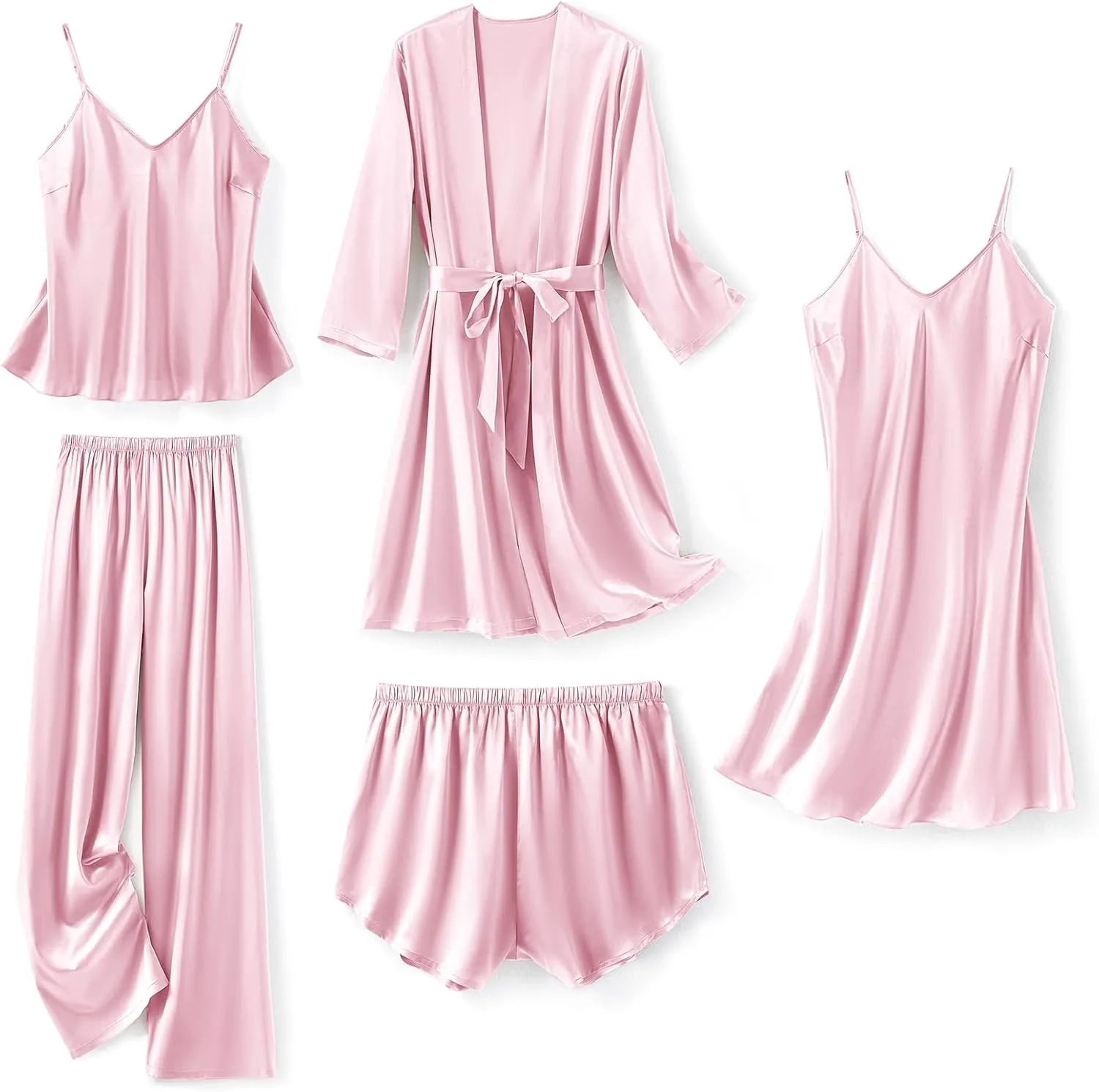 SAPJON Silk Pajamas for Women 5Pcs Sleepwear Loungewear Satin Robe Cami Shorts Pj Set