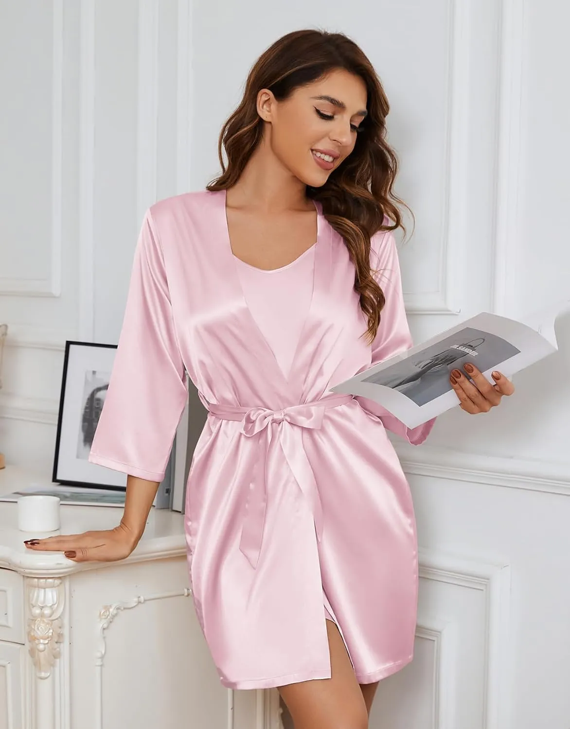 SAPJON Silk Pajamas for Women 5Pcs Sleepwear Loungewear Satin Robe Cami Shorts Pj Set