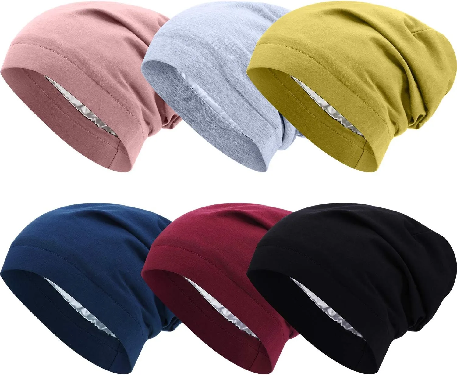 SATINIOR 6 Pieces Satin Lined Sleep Cap Slouchy Skull Beanie Hat Night Hair Cap Headwear Head Wrap for Curly Hair Women Girl