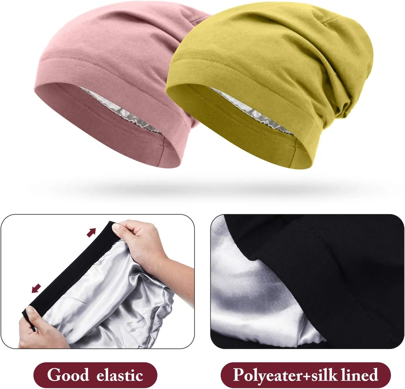 SATINIOR 6 Pieces Satin Lined Sleep Cap Slouchy Skull Beanie Hat Night Hair Cap Headwear Head Wrap for Curly Hair Women Girl