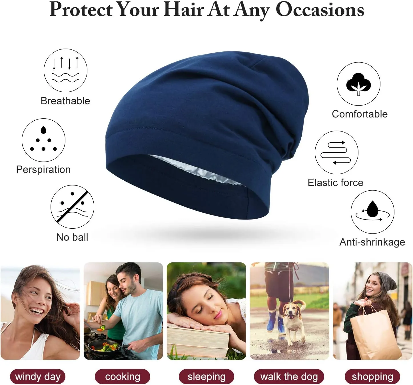 SATINIOR 6 Pieces Satin Lined Sleep Cap Slouchy Skull Beanie Hat Night Hair Cap Headwear Head Wrap for Curly Hair Women Girl