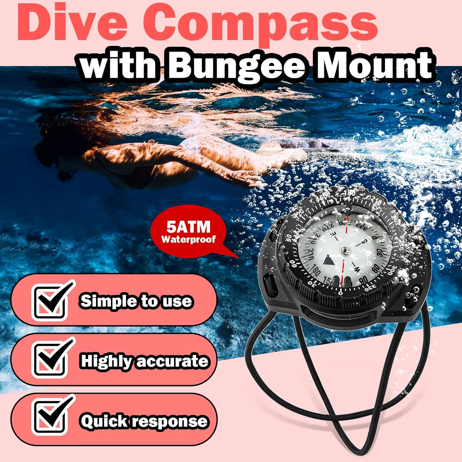 Scuba Dive Compass, Waterproof 5ATM Marine Navigation Wrist Compass with Bungee Mount and Cord, Glow in The Dark for Underwater Diving, Sailing, Camping, Kayaking, Hiking