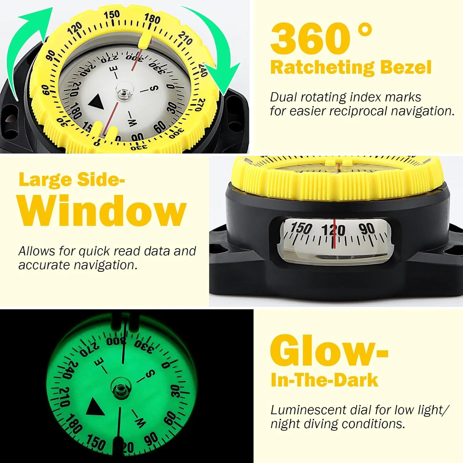 Scuba Dive Compass, Waterproof 5ATM Marine Navigation Wrist Compass with Bungee Mount and Cord, Glow in The Dark for Underwater Diving, Sailing, Camping, Kayaking, Hiking