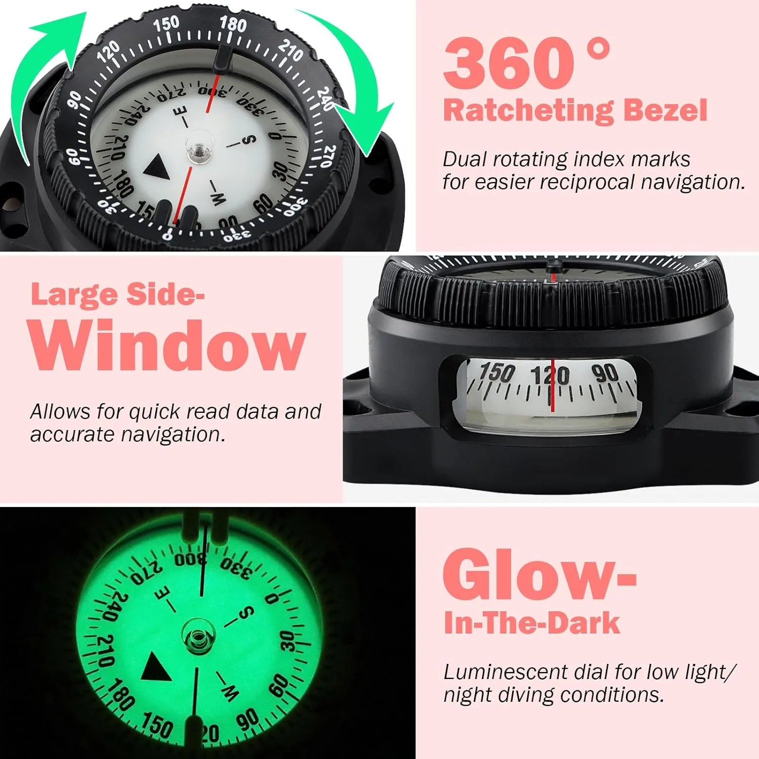Scuba Dive Compass, Waterproof 5ATM Marine Navigation Wrist Compass with Bungee Mount and Cord, Glow in The Dark for Underwater Diving, Sailing, Camping, Kayaking, Hiking