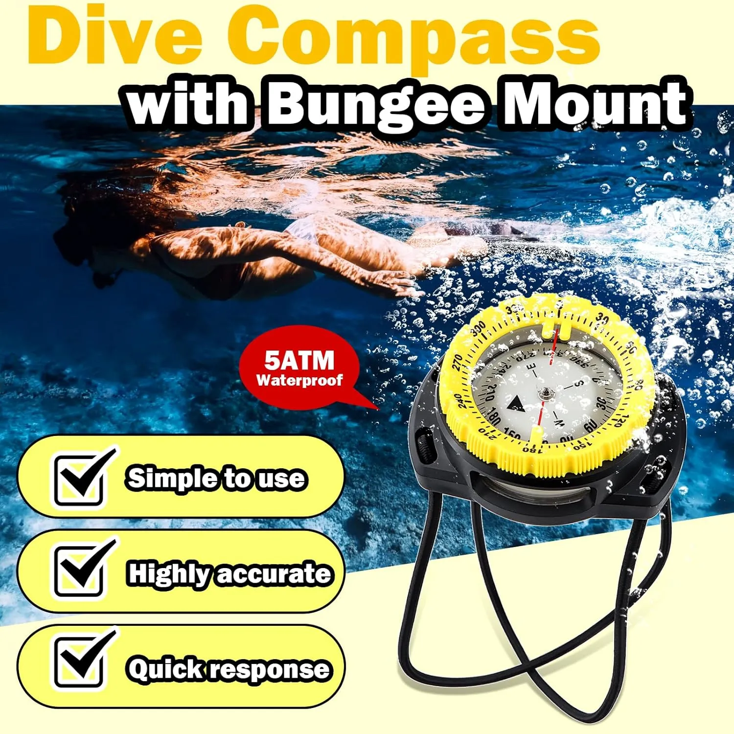 Scuba Dive Compass, Waterproof 5ATM Marine Navigation Wrist Compass with Bungee Mount and Cord, Glow in The Dark for Underwater Diving, Sailing, Camping, Kayaking, Hiking
