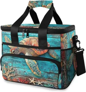 Sea Turtle Nautical Coastal Green Wooden Cooler Bag Insulated Cooler Soft Sided Cooler 24 Can Portable Picnic Bag Large Leakproof Lunch Bag Box for Beach Grocery Camping Travel Car Men Women