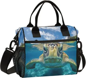 Sea Turtle Underwater Lunch Bag for Women, Insulated Lunch Box for Students, Women's Lunch Tote Bag with Side Pockets & Removable Shoulder Strap Large Cooler Purse for Picnic Work Beach