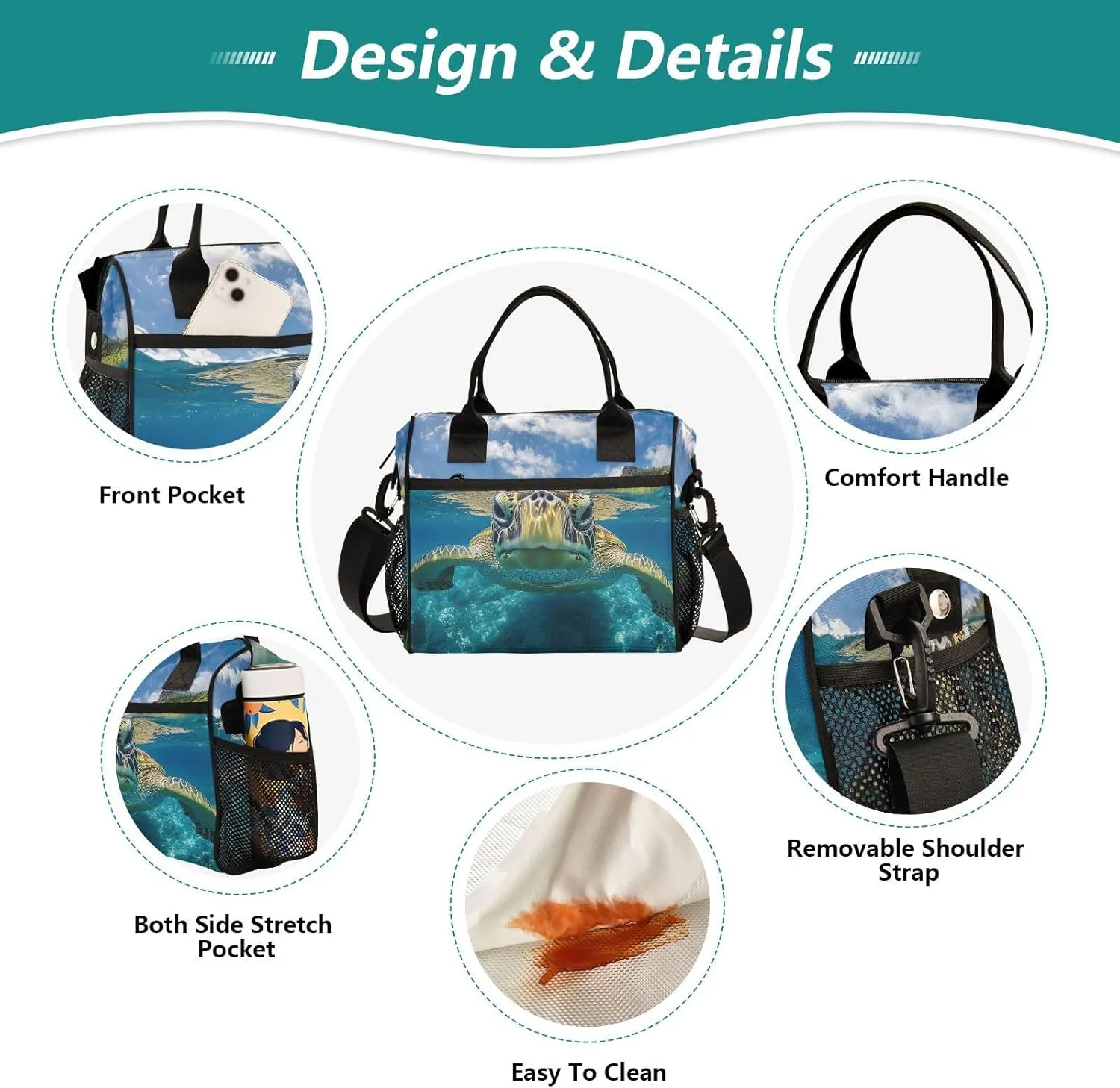 Sea Turtle Underwater Lunch Bag for Women, Insulated Lunch Box for Students, Women's Lunch Tote Bag with Side Pockets & Removable Shoulder Strap Large Cooler Purse for Picnic Work Beach