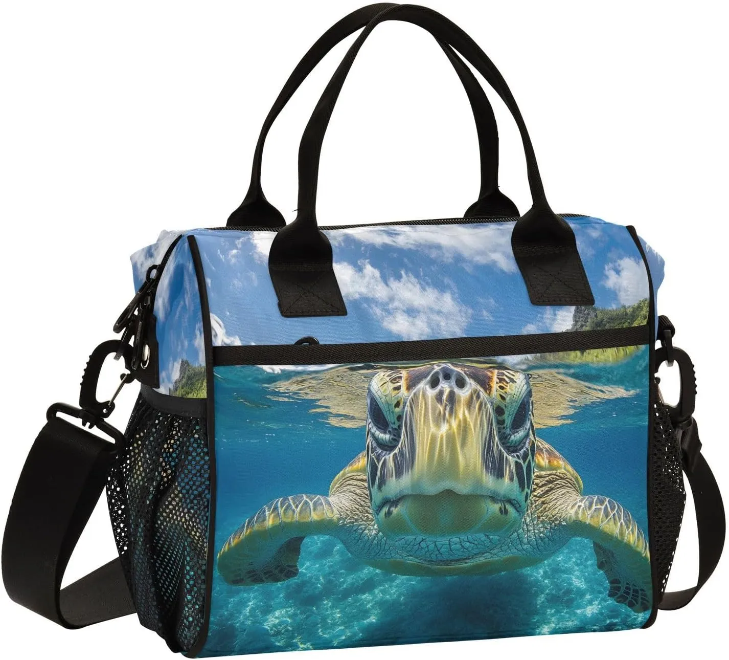 Sea Turtle Underwater Lunch Bag for Women, Insulated Lunch Box for Students, Women's Lunch Tote Bag with Side Pockets & Removable Shoulder Strap Large Cooler Purse for Picnic Work Beach