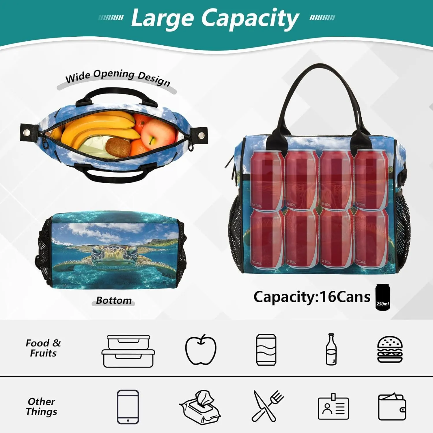 Sea Turtle Underwater Lunch Bag for Women, Insulated Lunch Box for Students, Women's Lunch Tote Bag with Side Pockets & Removable Shoulder Strap Large Cooler Purse for Picnic Work Beach