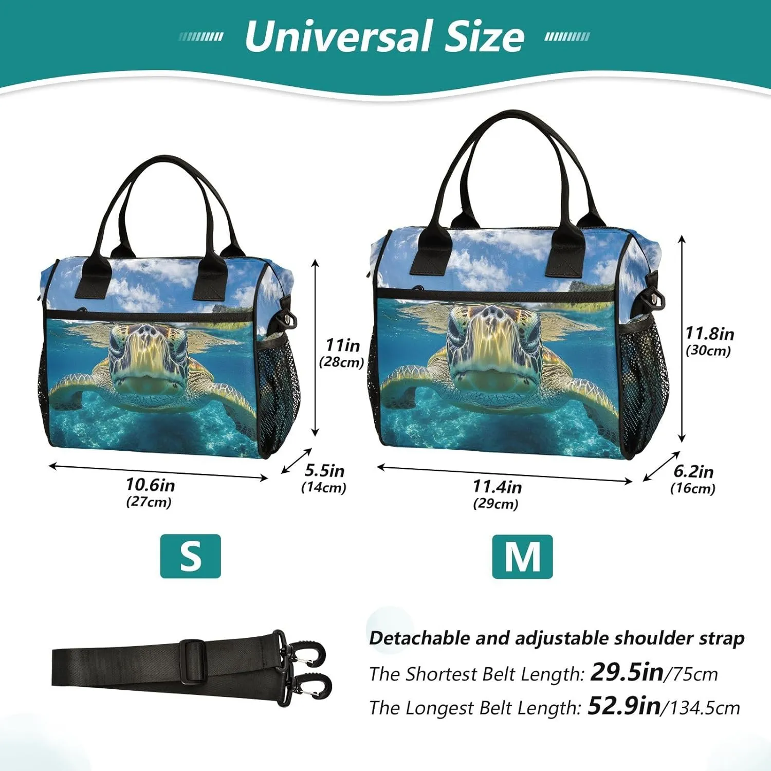 Sea Turtle Underwater Lunch Bag for Women, Insulated Lunch Box for Students, Women's Lunch Tote Bag with Side Pockets & Removable Shoulder Strap Large Cooler Purse for Picnic Work Beach
