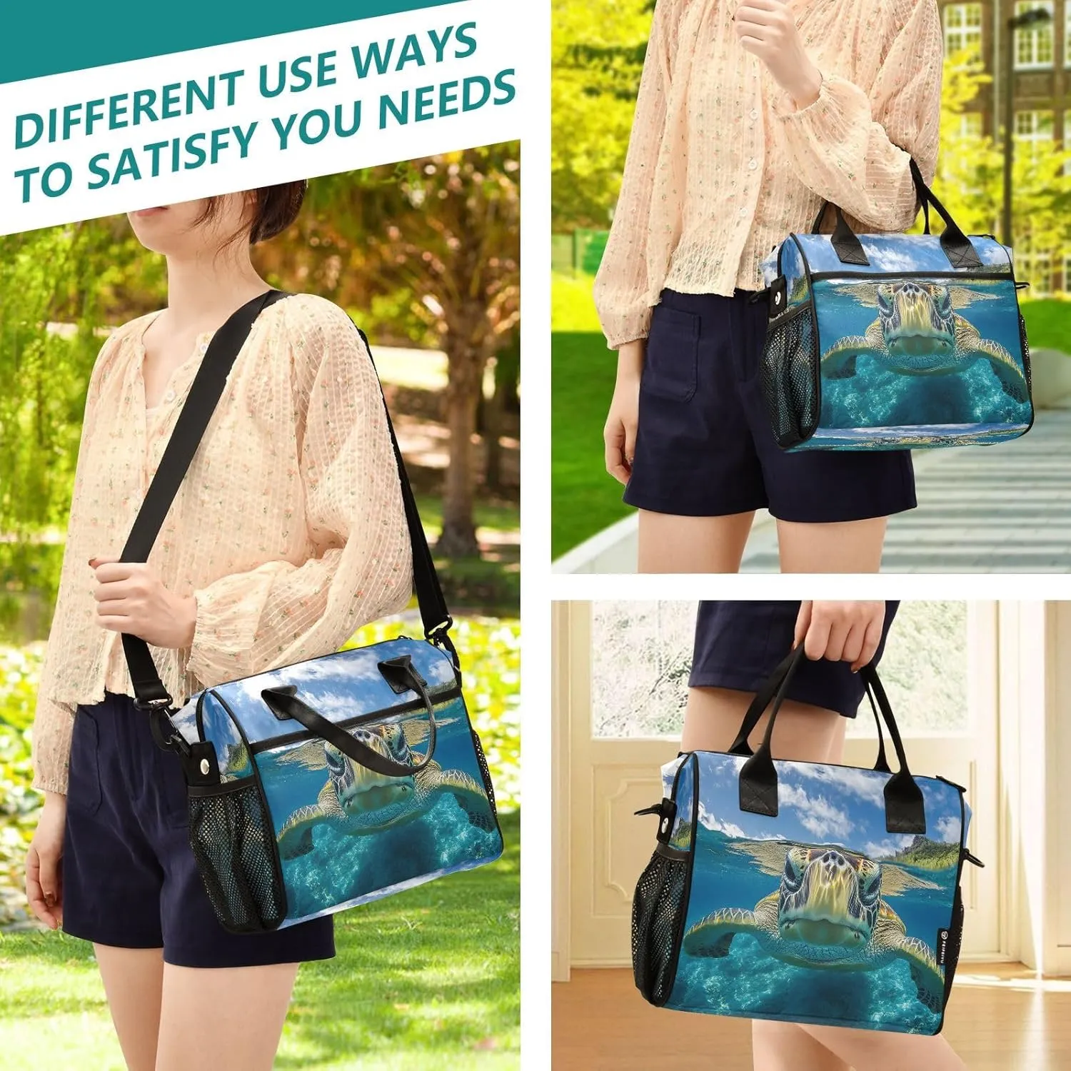 Sea Turtle Underwater Lunch Bag for Women, Insulated Lunch Box for Students, Women's Lunch Tote Bag with Side Pockets & Removable Shoulder Strap Large Cooler Purse for Picnic Work Beach