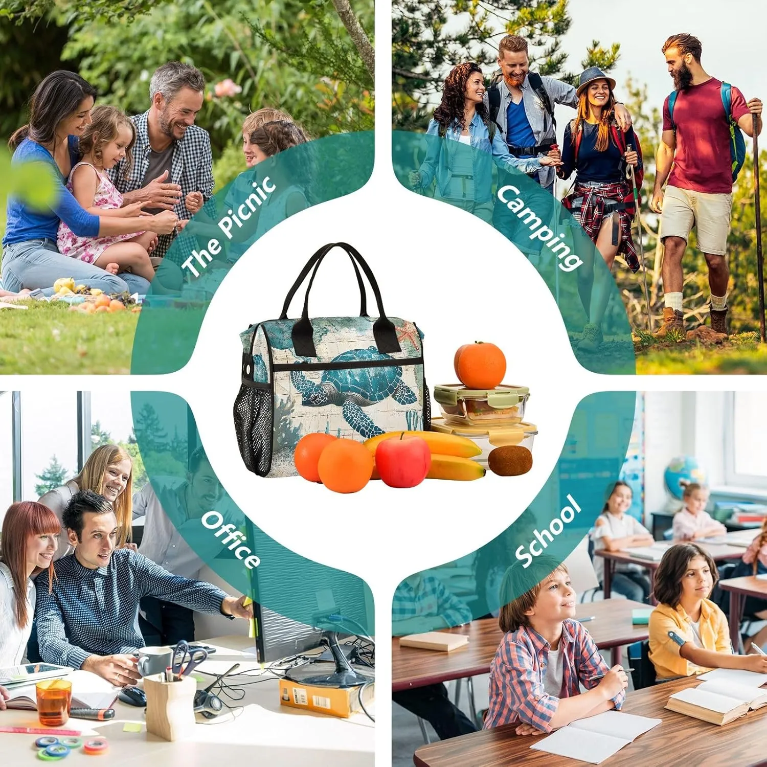 Sea Turtle World Large Insulated Lunch Bag for Office Work School Picnic Reusable Tote Bag