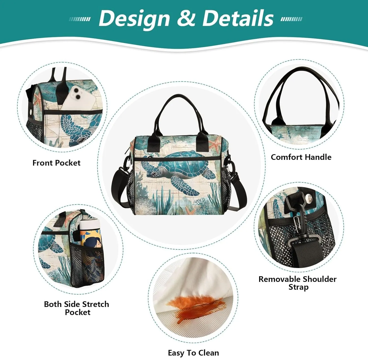 Sea Turtle World Large Insulated Lunch Bag for Office Work School Picnic Reusable Tote Bag