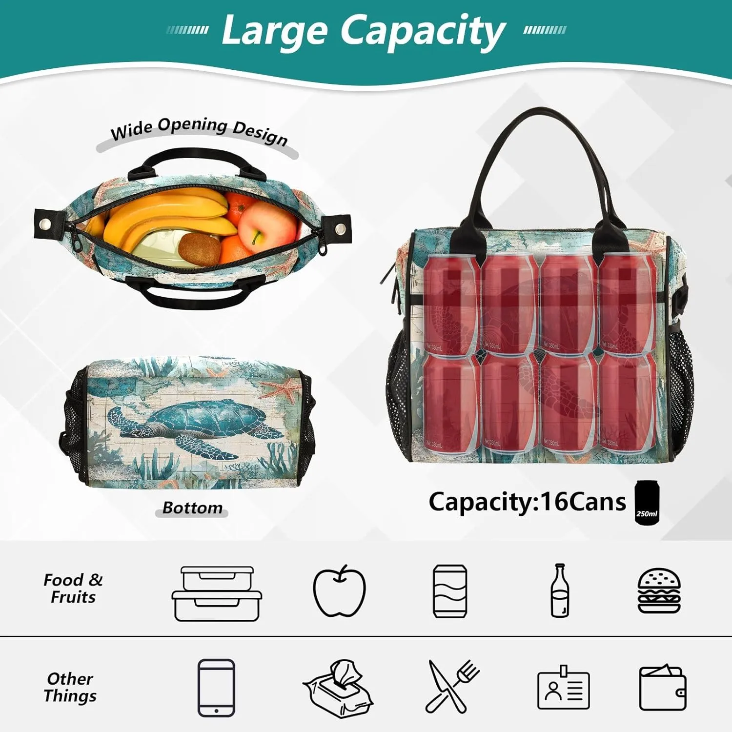 Sea Turtle World Large Insulated Lunch Bag for Office Work School Picnic Reusable Tote Bag