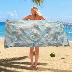 Seahorses Ocean Microfiber Beach Towel Blue Embossed Nautical Design Quick Dry Absorbent Sand Free Oversized Lightweight Beach Blanket Vacation Picnic Essentials 70x35 Inch
