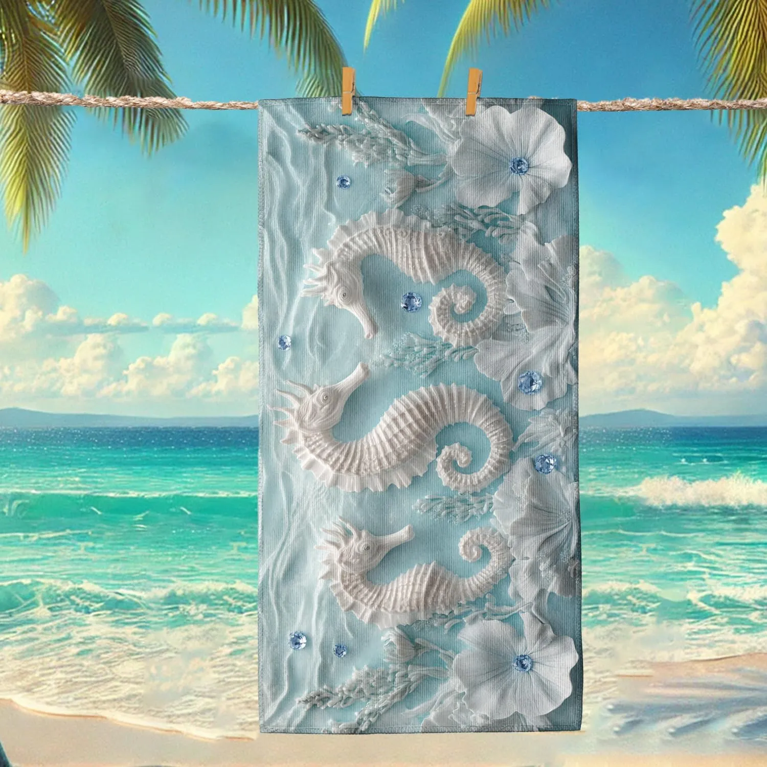 Seahorses Ocean Microfiber Beach Towel Blue Embossed Nautical Design Quick Dry Absorbent Sand Free Oversized Lightweight Beach Blanket Vacation Picnic Essentials 70x35 Inch
