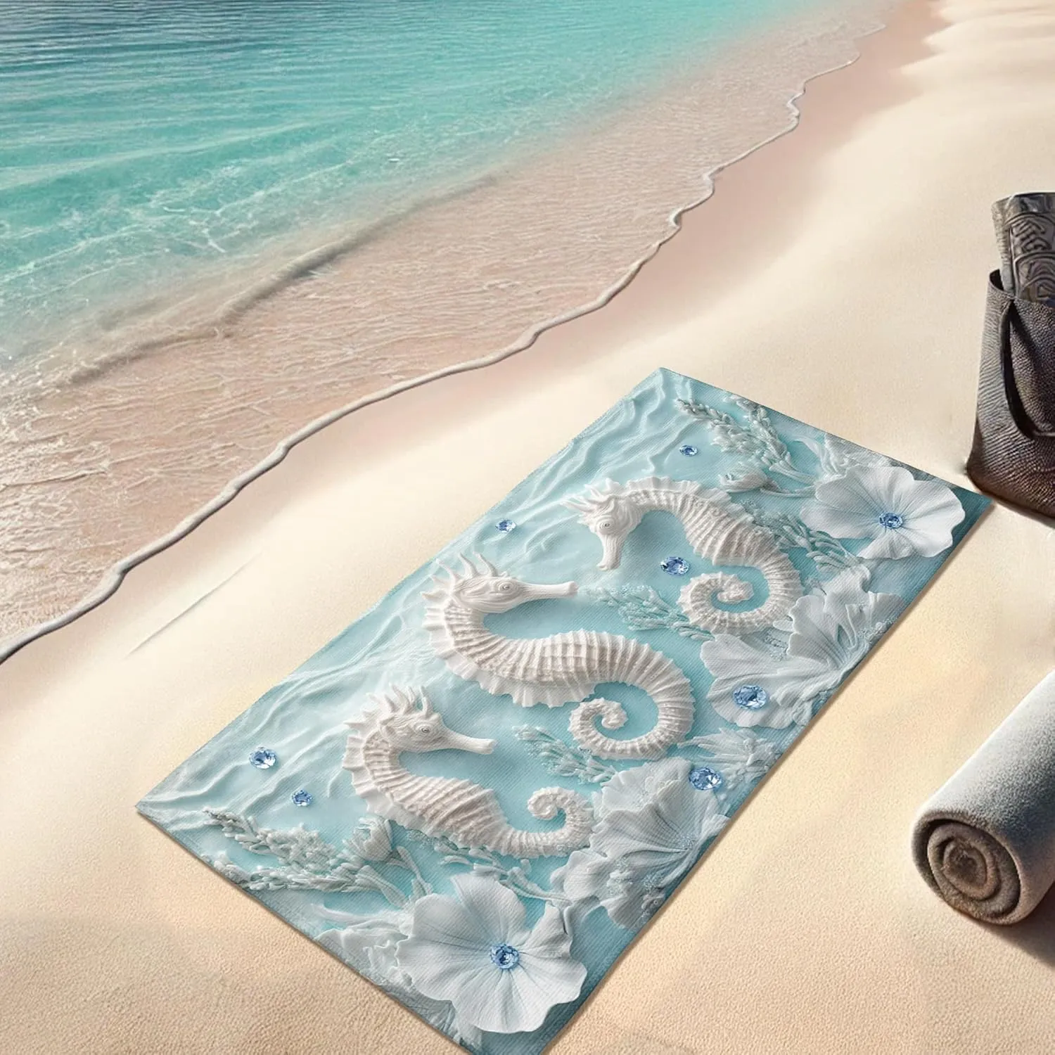Seahorses Ocean Microfiber Beach Towel Blue Embossed Nautical Design Quick Dry Absorbent Sand Free Oversized Lightweight Beach Blanket Vacation Picnic Essentials 70x35 Inch
