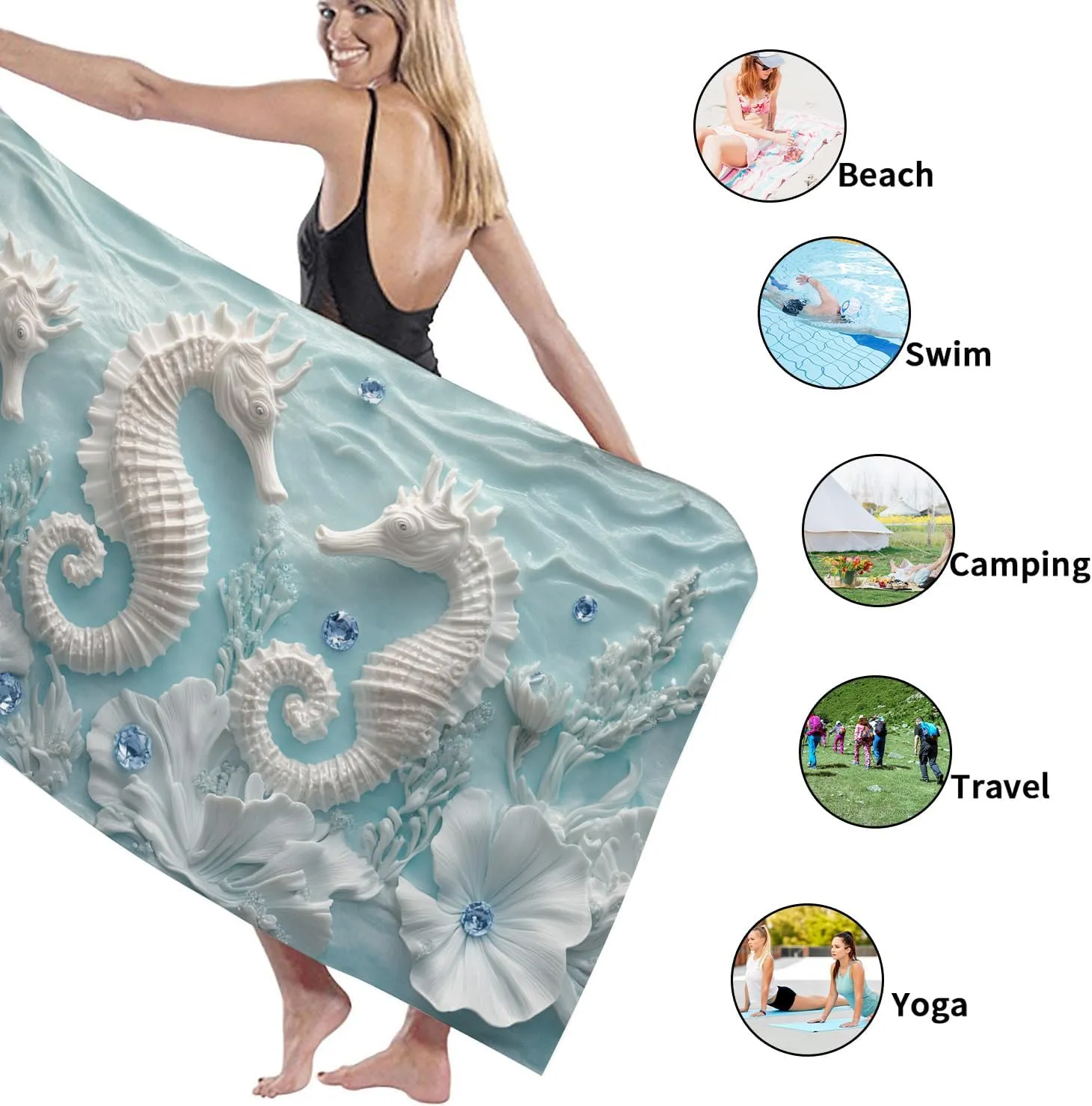 Seahorses Ocean Microfiber Beach Towel Blue Embossed Nautical Design Quick Dry Absorbent Sand Free Oversized Lightweight Beach Blanket Vacation Picnic Essentials 70x35 Inch