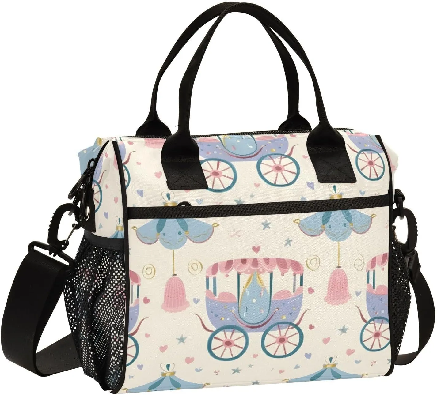 Seamless Pattern with Fairy Tale Carriage Vector Illustration Lunch Bag Women Cooler Bags Lunch Tote Bags for Men Reusable Insulated Lunch Box Crossbody with Shoulder Strap Leakproof Work Picnic S