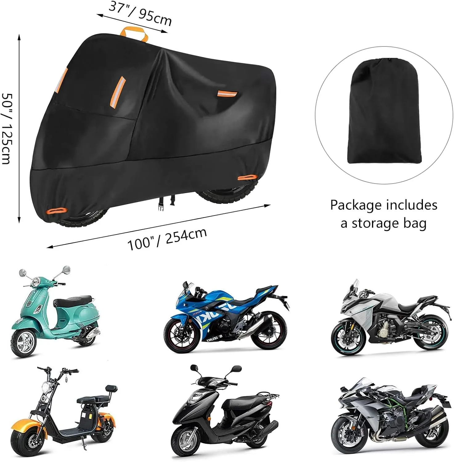Seceles 300D Motorcycle Cover Waterproof Outdoor, All Season Protection Motorcycle Tarp Fit for Honda VTX 1300 C Fat Bob Kawasaki Vulcan 900 Kawasaki KLR 650 (3XL: 96" x 37" x 50")