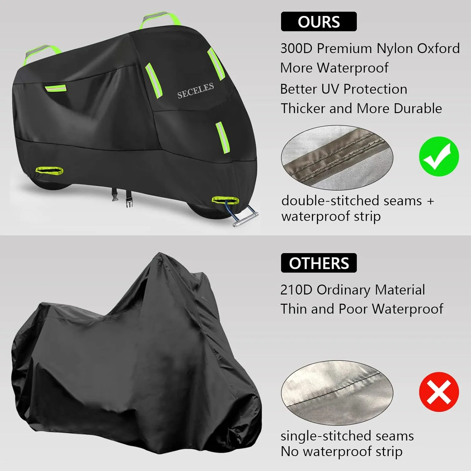 SECELES Scooter Cover Waterproof Outdoor, Vespa Cover All Weather Protection fits up to 82" Vespa Scooter 125cc 150cc Motorcycle Tarp Accesorios para Moto (XL: 82" x 37" x 50")