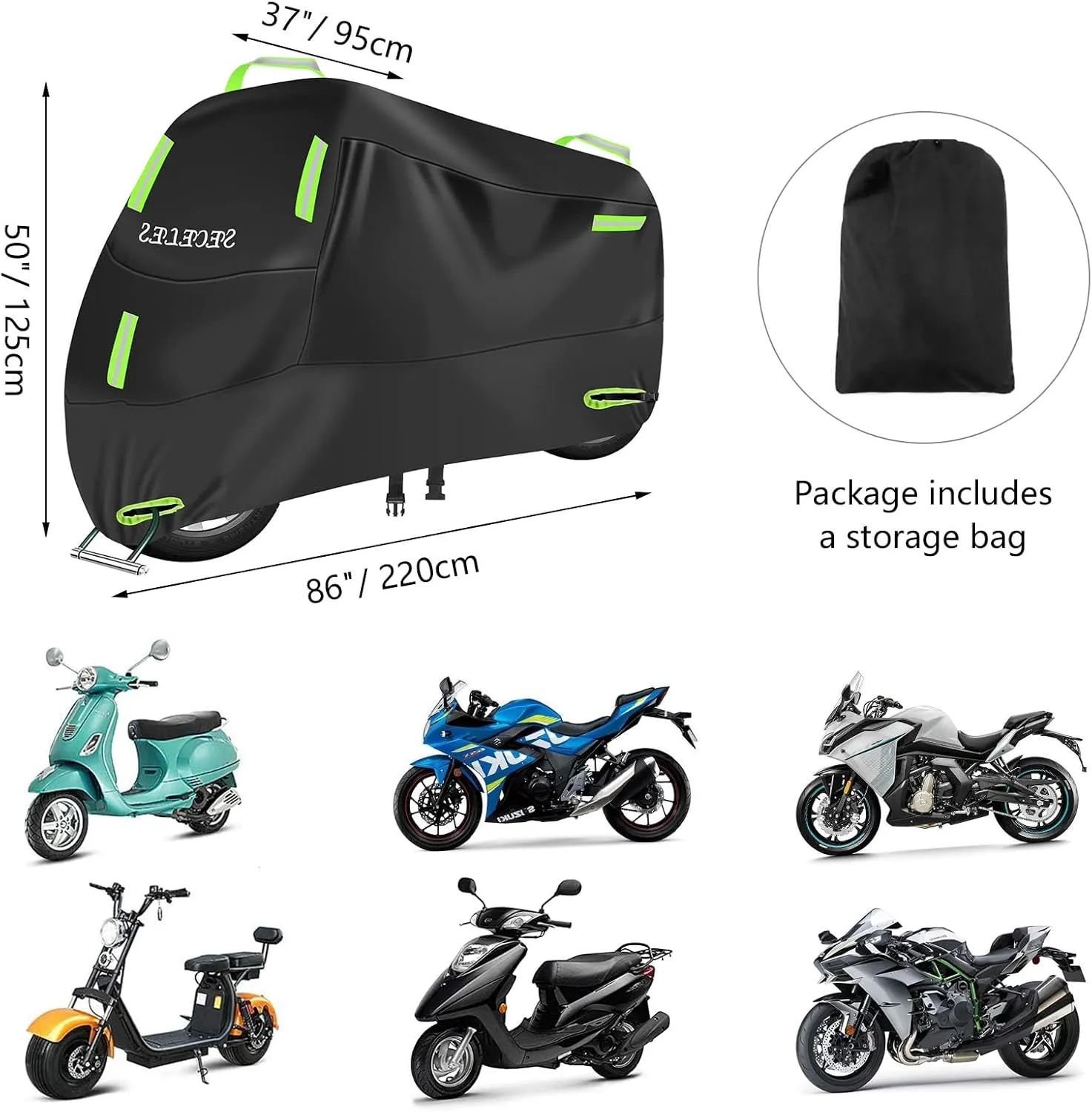 SECELES Scooter Cover Waterproof Outdoor, Vespa Cover All Weather Protection fits up to 82" Vespa Scooter 125cc 150cc Motorcycle Tarp Accesorios para Moto (XL: 82" x 37" x 50")