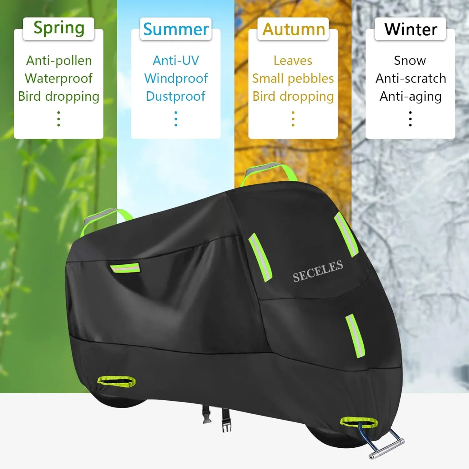 SECELES Scooter Cover Waterproof Outdoor, Vespa Cover All Weather Protection fits up to 82" Vespa Scooter 125cc 150cc Motorcycle Tarp Accesorios para Moto (XL: 82" x 37" x 50")