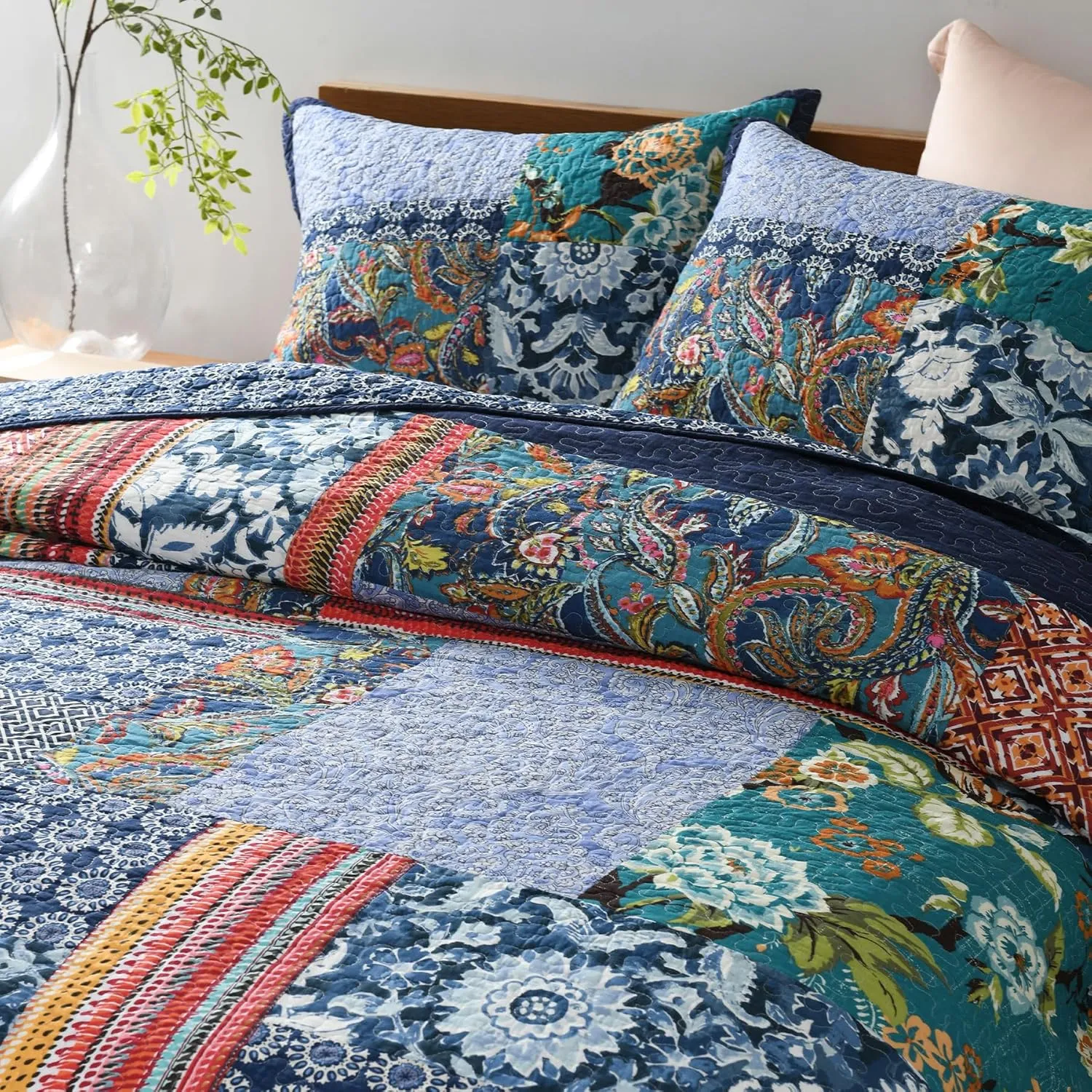 Secgo King Size Comforter Set- 100% Cotton Quilt King Size Set, Navy, Bohemia bedspreads (96 * 108 Inch) with 2 Pillow Shams, Patchwork Reversible Lightweight Bedding