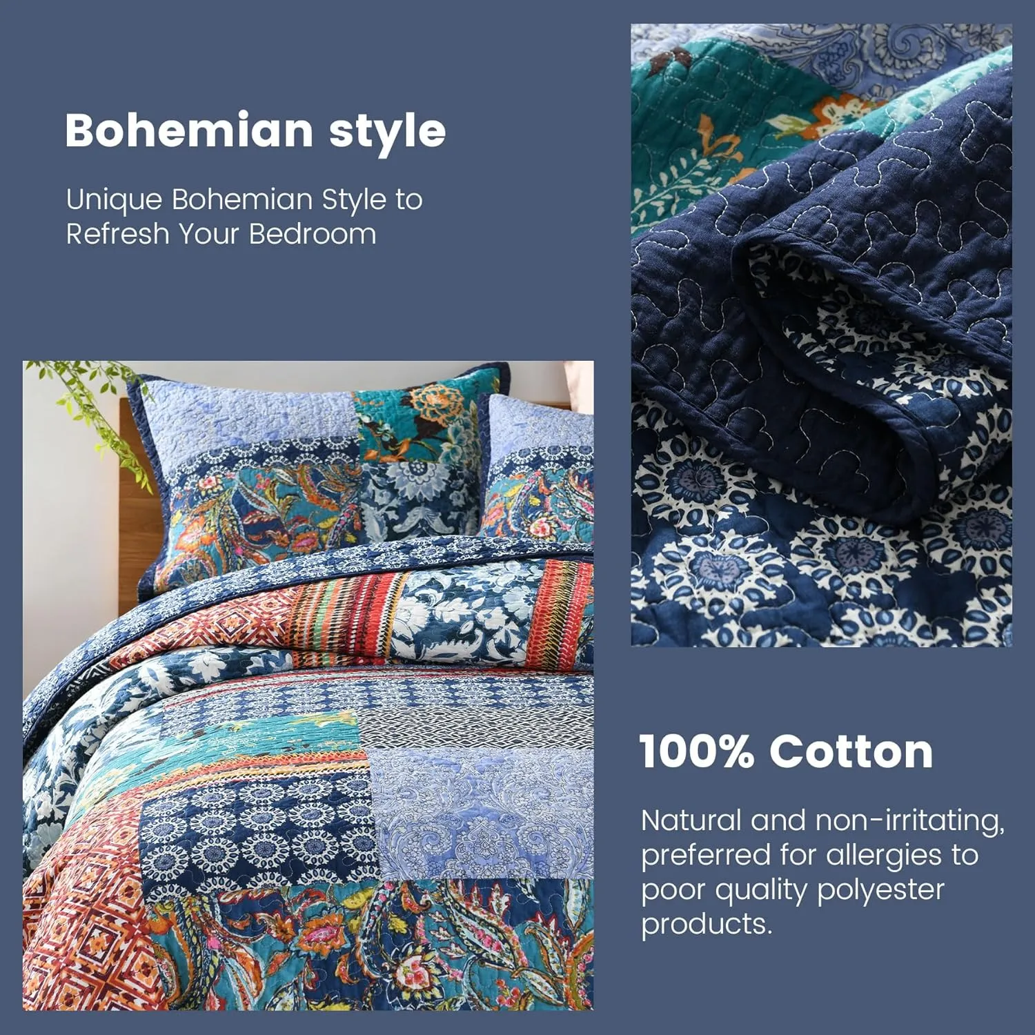 Secgo King Size Comforter Set- 100% Cotton Quilt King Size Set, Navy, Bohemia bedspreads (96 * 108 Inch) with 2 Pillow Shams, Patchwork Reversible Lightweight Bedding