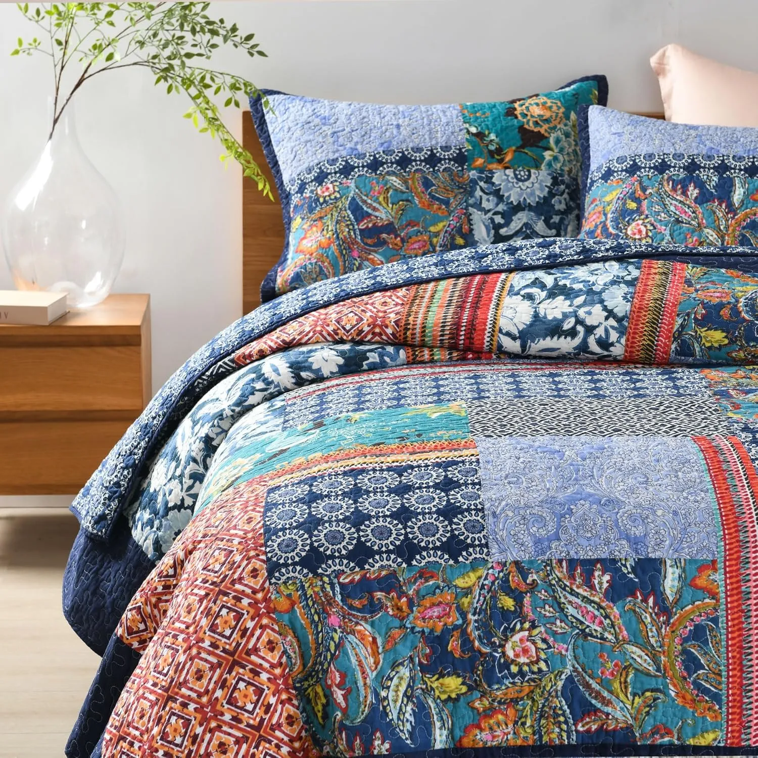 Secgo King Size Comforter Set- 100% Cotton Quilt King Size Set, Navy, Bohemia bedspreads (96 * 108 Inch) with 2 Pillow Shams, Patchwork Reversible Lightweight Bedding