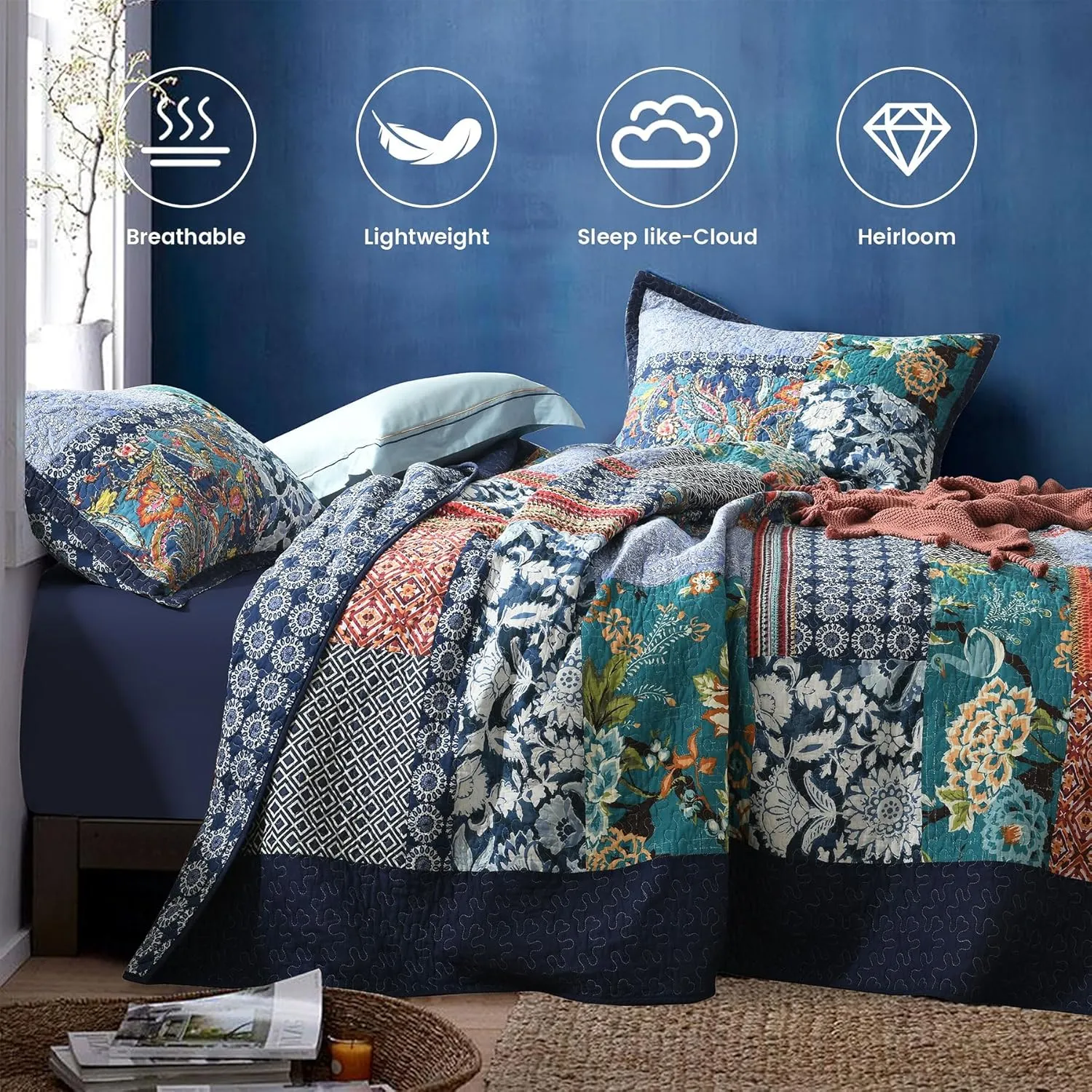 Secgo King Size Comforter Set- 100% Cotton Quilt King Size Set, Navy, Bohemia bedspreads (96 * 108 Inch) with 2 Pillow Shams, Patchwork Reversible Lightweight Bedding
