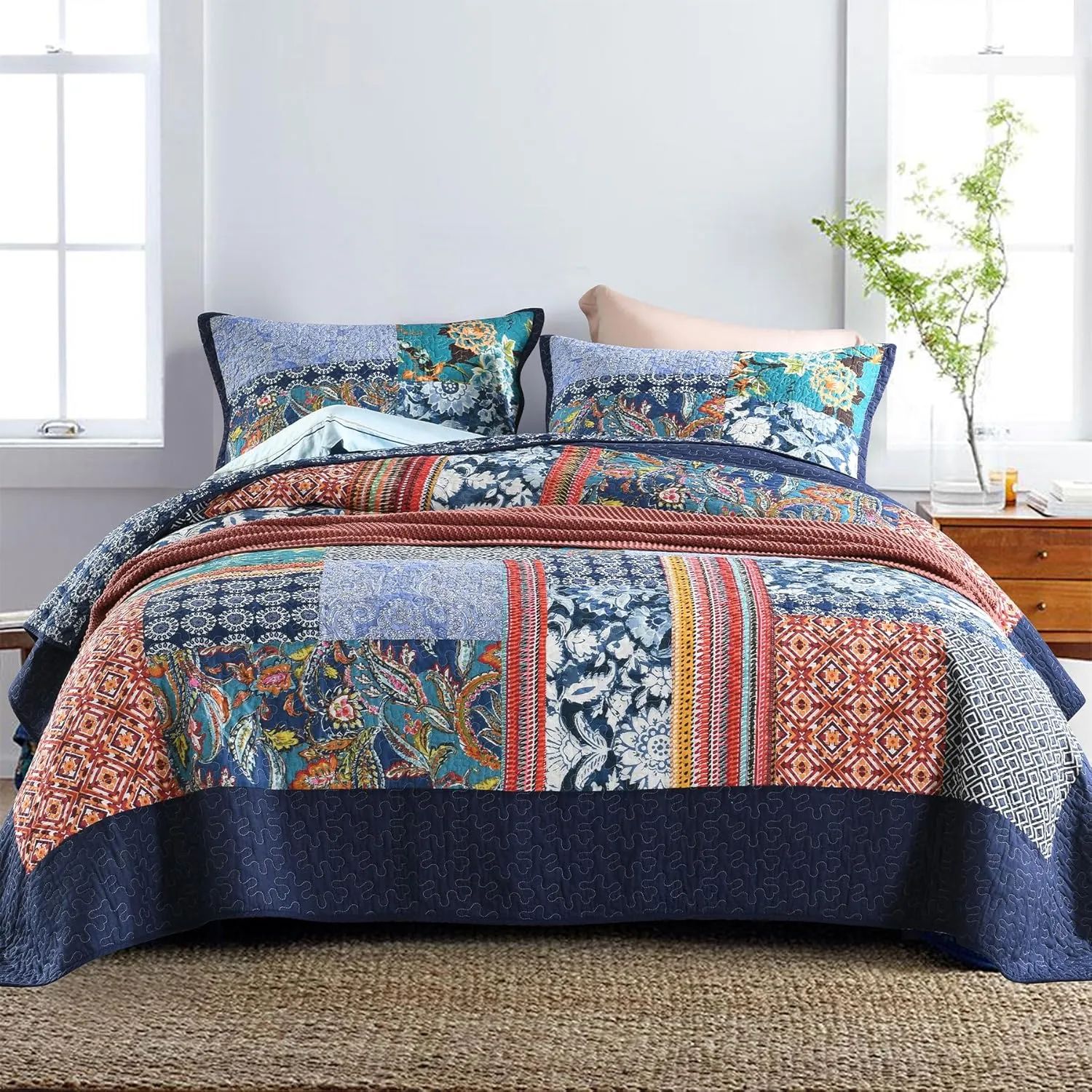 Secgo King Size Comforter Set- 100% Cotton Quilt King Size Set, Navy, Bohemia bedspreads (96 * 108 Inch) with 2 Pillow Shams, Patchwork Reversible Lightweight Bedding