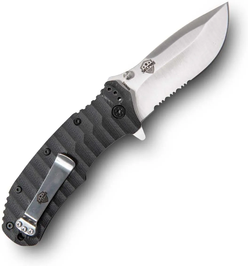 SecPro Insurgent Tactical Folding Knife, Military Grade EDC, Black Serrated Blade, Black Handle/Satin Color Blade