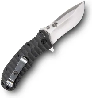 SecPro Insurgent Tactical Folding Knife, Military Grade EDC, Black Serrated Blade, Black Handle/Satin Color Blade