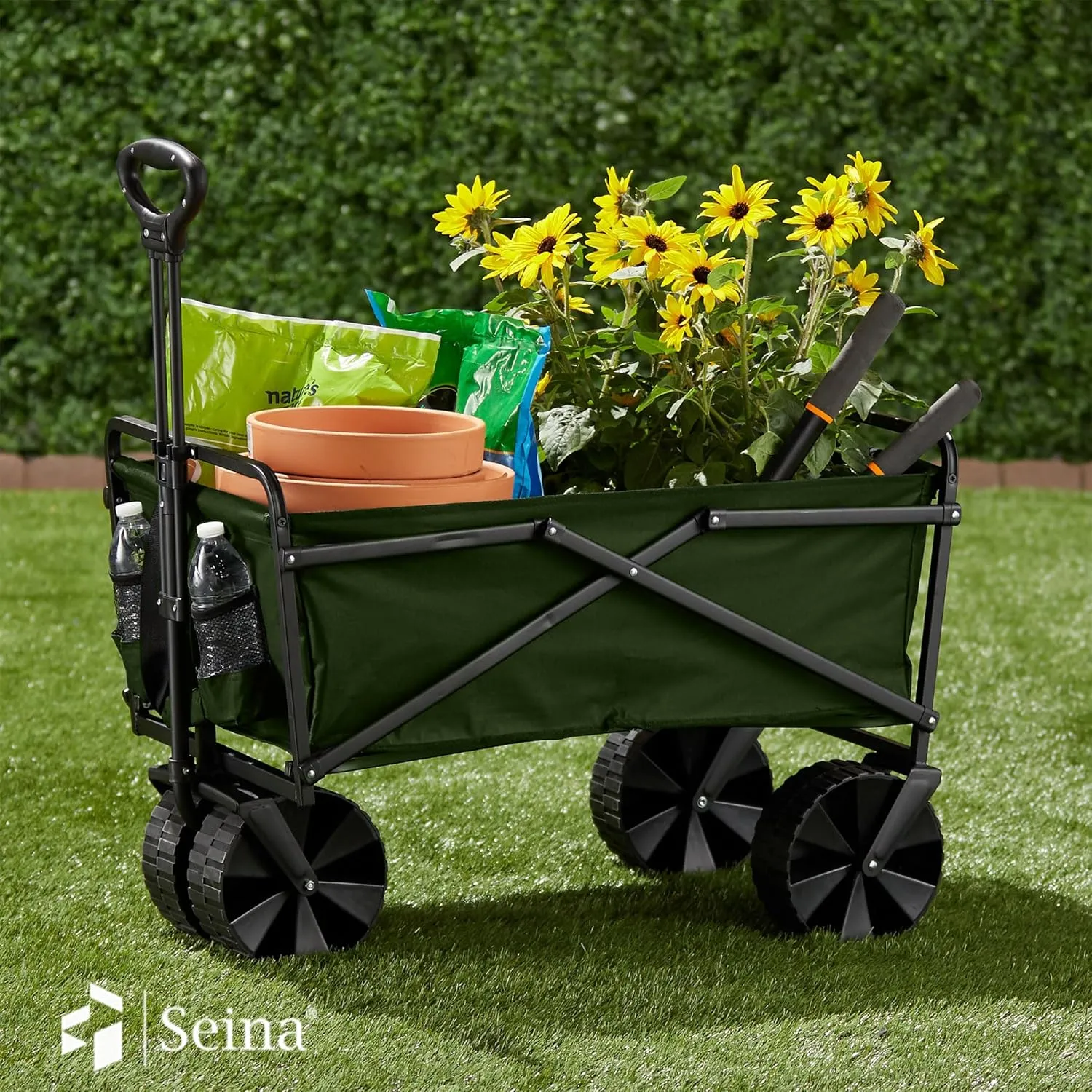 Seina 150 Pound Capacity Heavy Duty Steel Frame Collapsible Folding Outdoor Portable Utility Cart Wagon with All Terrain Plastic Wheels, Green