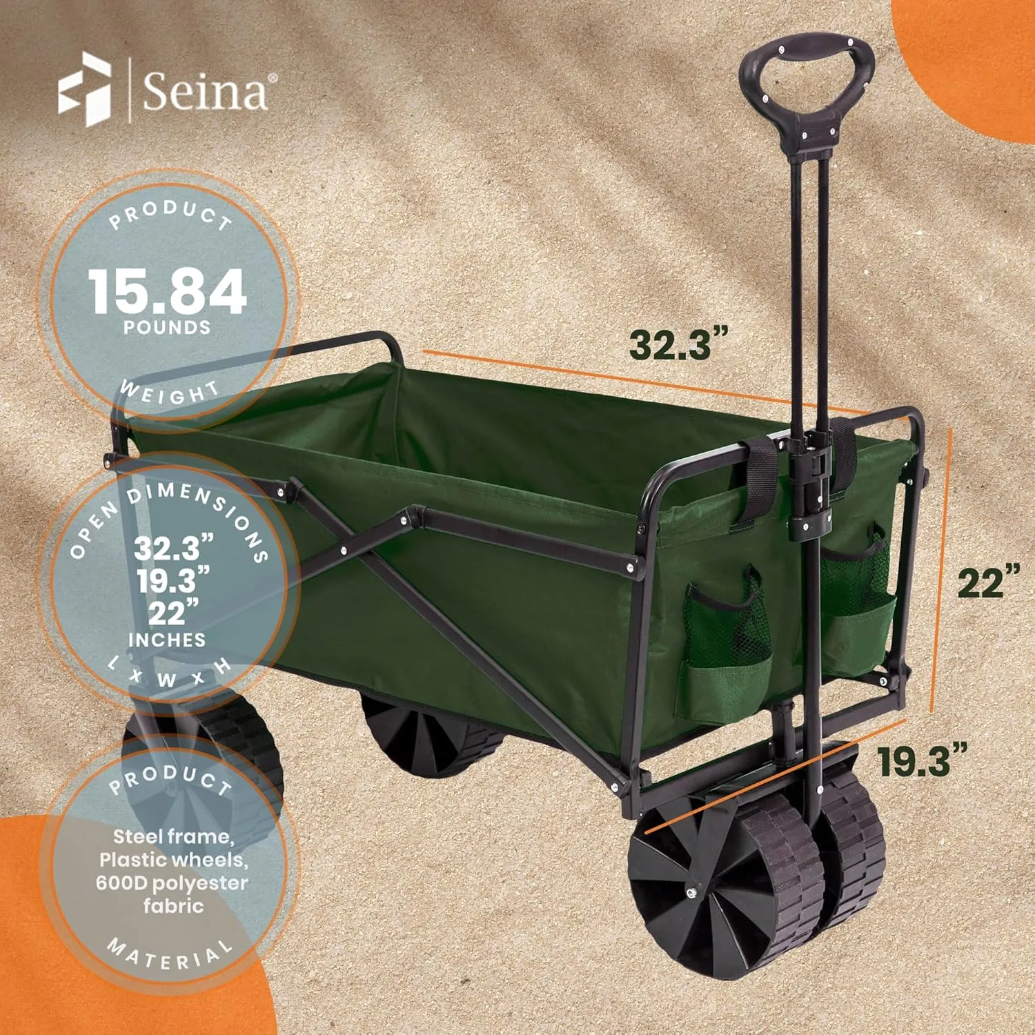 Seina 150 Pound Capacity Heavy Duty Steel Frame Collapsible Folding Outdoor Portable Utility Cart Wagon with All Terrain Plastic Wheels, Green