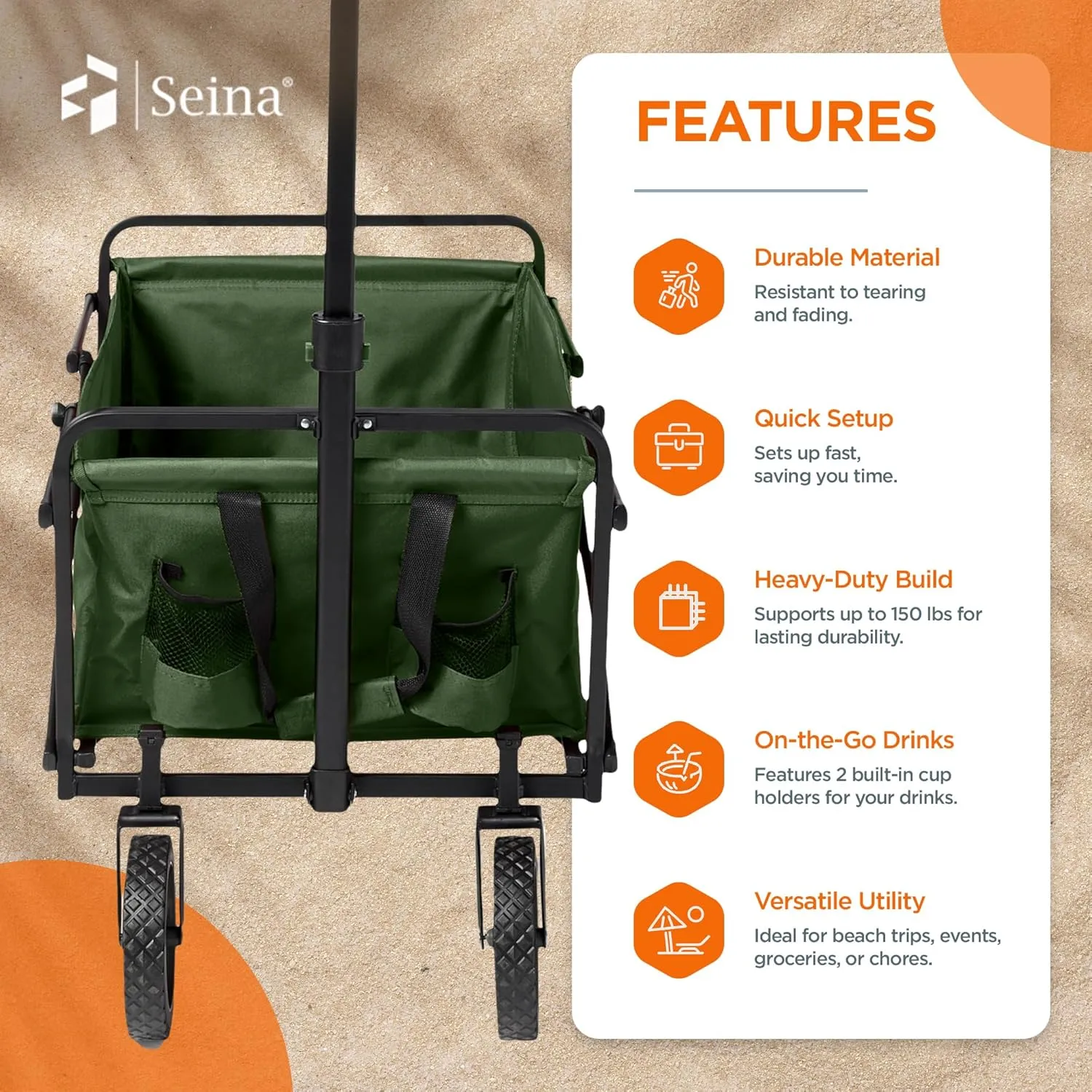 Seina 150 Pound Capacity Heavy Duty Steel Frame Collapsible Folding Outdoor Portable Utility Cart Wagon with All Terrain Plastic Wheels, Green