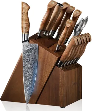 SENKEN 16-Piece Damascus Knife block Set - The Dynasty Collection - Japanese VG10 Damascus Steel with Natural Sycamore Wood Handles, includes 6 Matching Steak Knives, Scissors, & Sharpening Rod