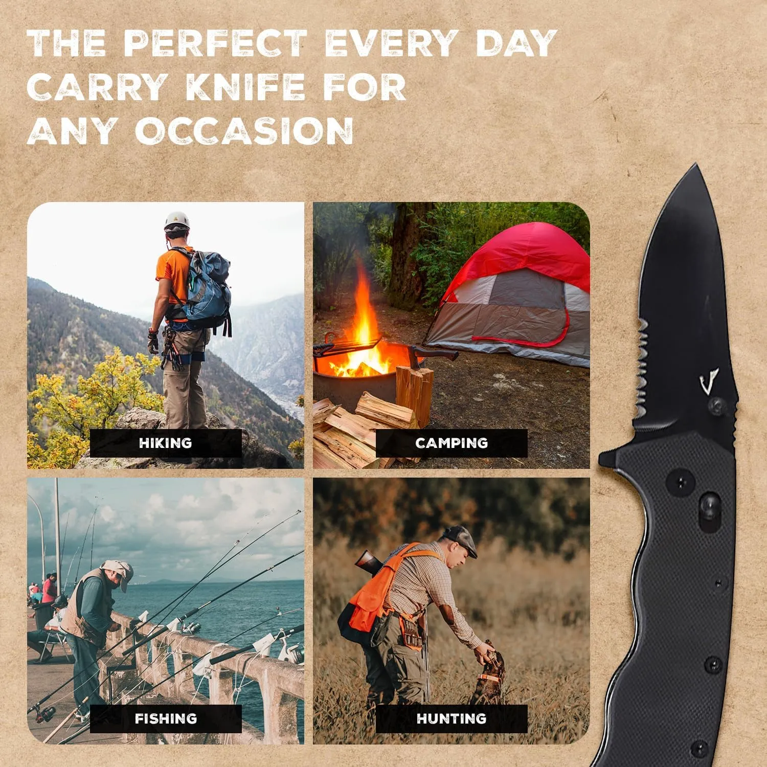 Serrated Pocket Knife, 3" Sharp D2 Blade, Big Pocket Knife, 7.5" Total Length, Textured G10 scale, Crossbar Lock, Reversible Clip, Ball Bearing Pivot, Ideal for Hunting, Camping Pocket Knife, EDC, Serrated D2 Knife