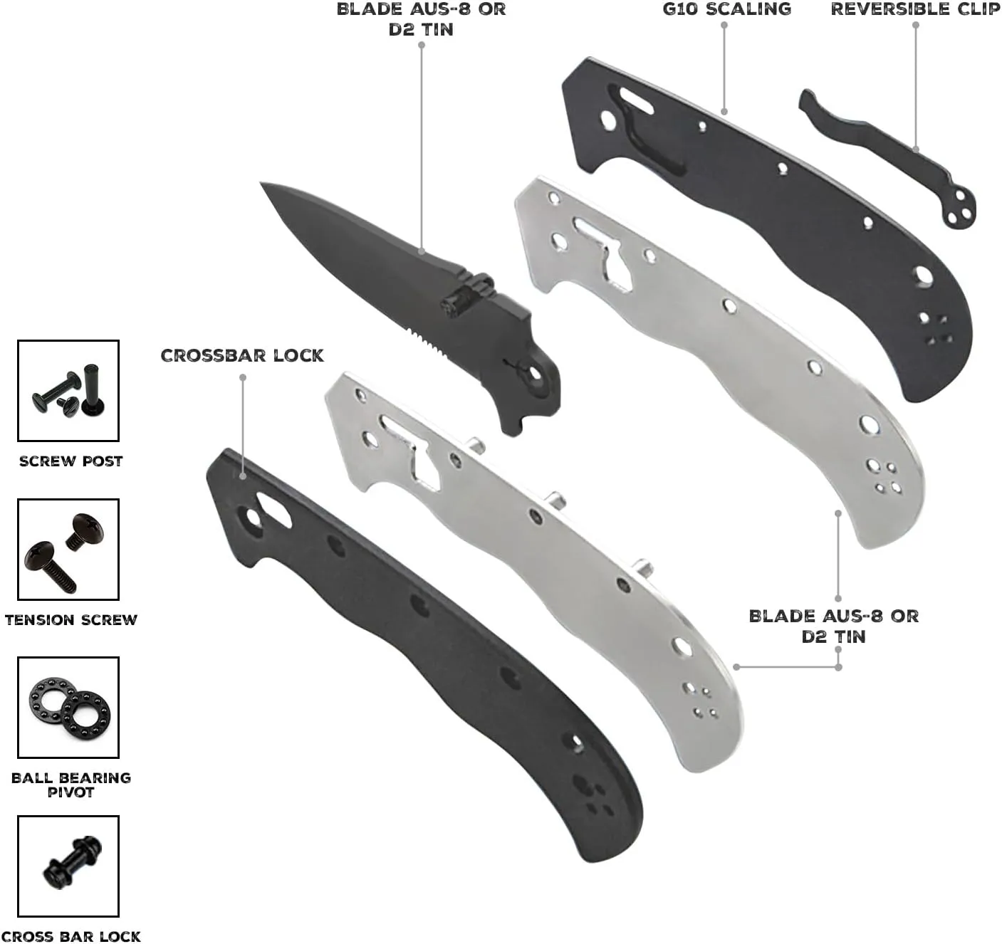 Serrated Pocket Knife, 3" Sharp D2 Blade, Big Pocket Knife, 7.5" Total Length, Textured G10 scale, Crossbar Lock, Reversible Clip, Ball Bearing Pivot, Ideal for Hunting, Camping Pocket Knife, EDC, Serrated D2 Knife