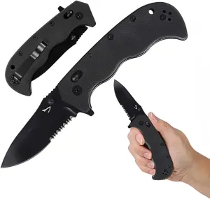 Serrated Pocket Knife, 3" Sharp D2 Blade, Big Pocket Knife, 7.5" Total Length, Textured G10 scale, Crossbar Lock, Reversible Clip, Ball Bearing Pivot, Ideal for Hunting, Camping Pocket Knife, EDC, Serrated D2 Knife