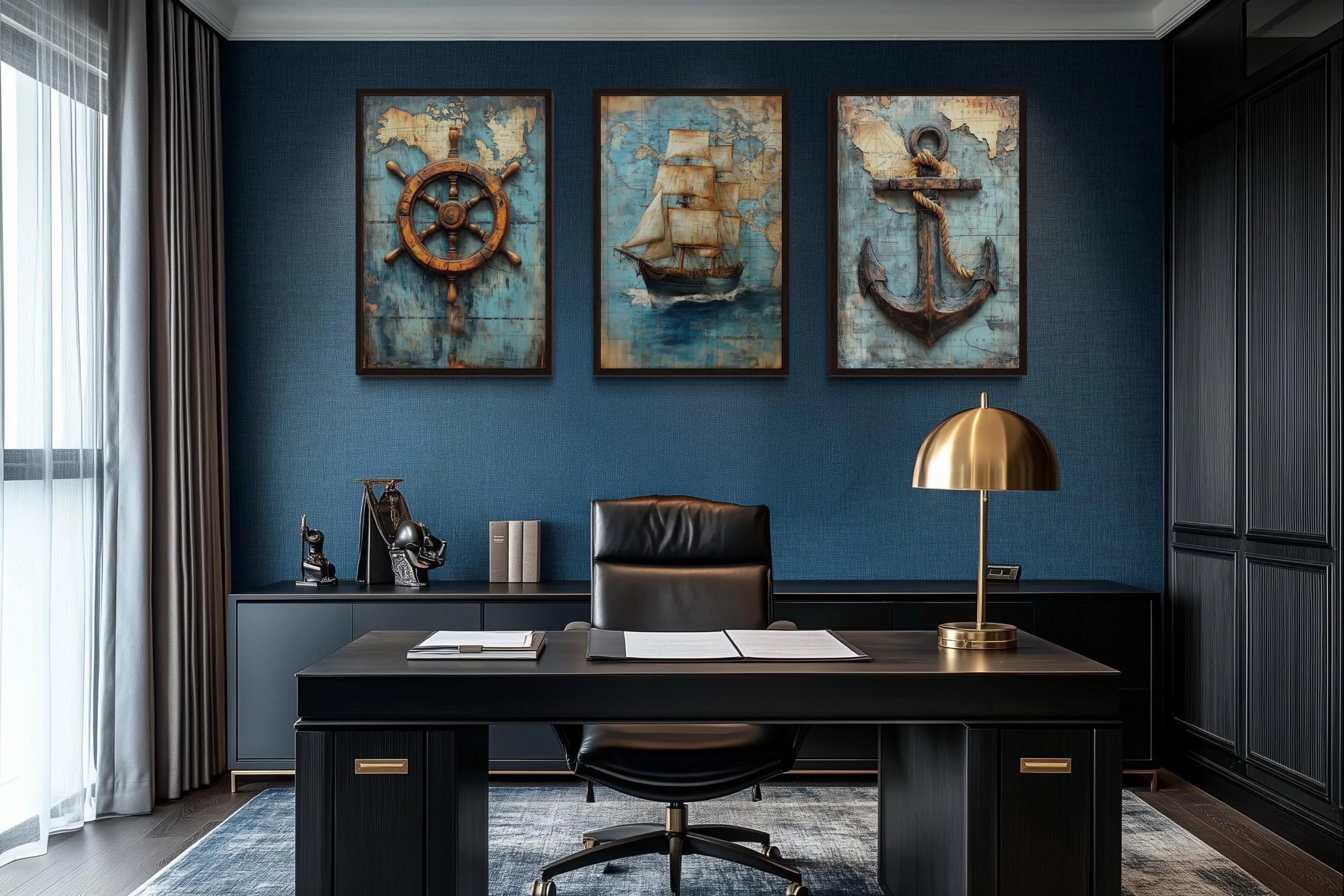 Set of 3 Nautical Wall Art - Vintage Ship, Anchor And Helm On Antique Map