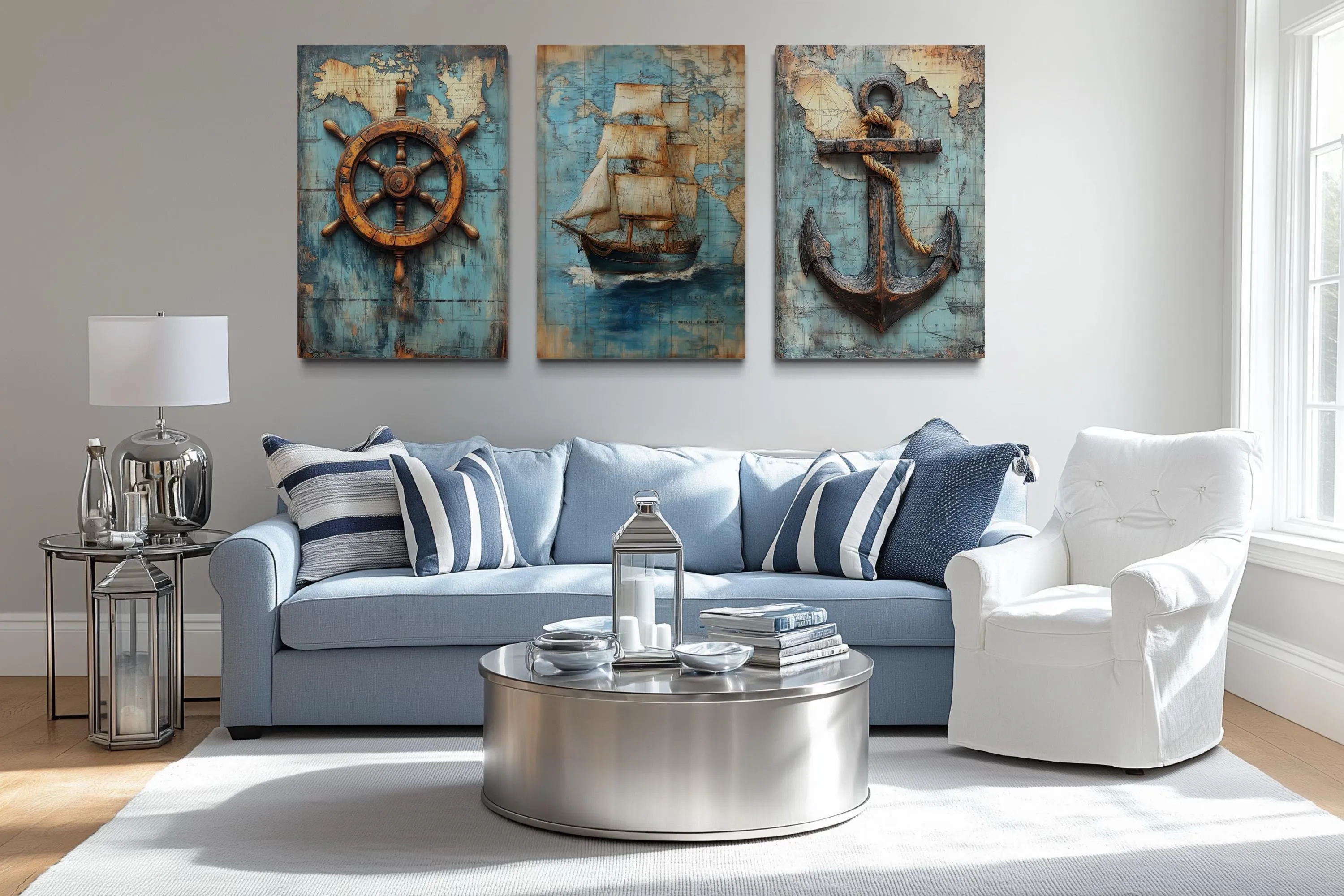Set of 3 Nautical Wall Art - Vintage Ship, Anchor And Helm On Antique Map