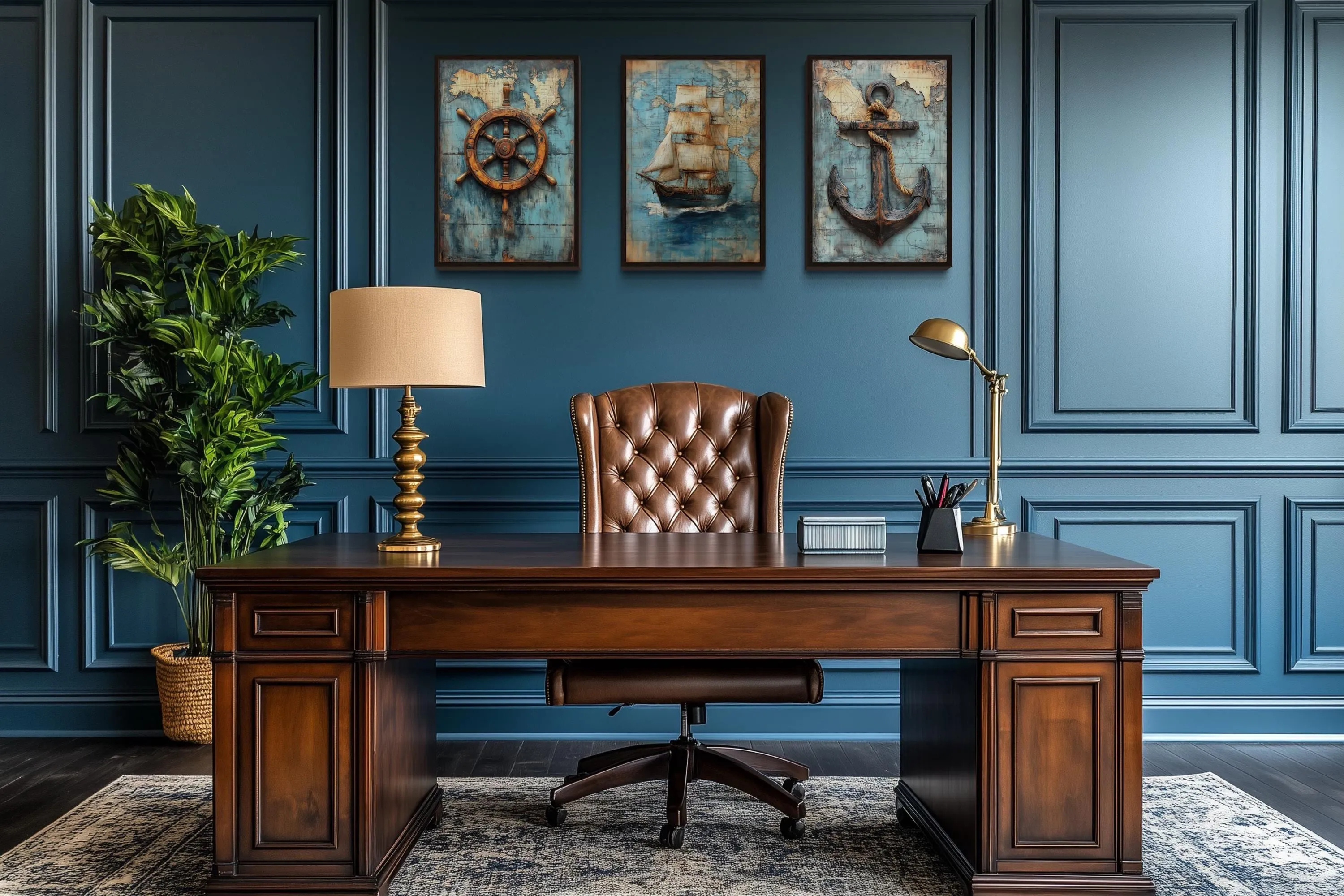 Set of 3 Nautical Wall Art - Vintage Ship, Anchor And Helm On Antique Map