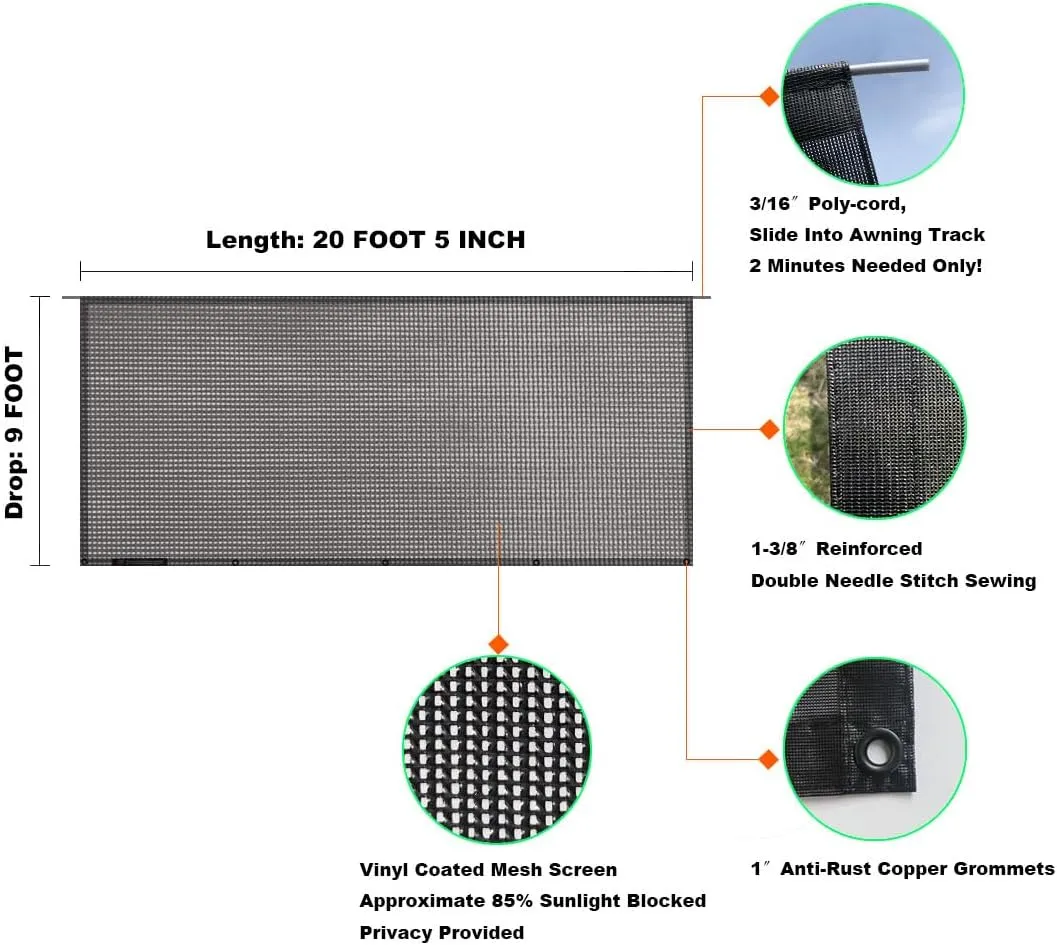 Shadeidea RV Awning Sun Shade Screen for Awning - 9' X 20' 5'' Black Mesh Sunshade Motorhome Camping Trailer UV Sunblocker Canopy Sunscreen - Offer 3 Year Warranty