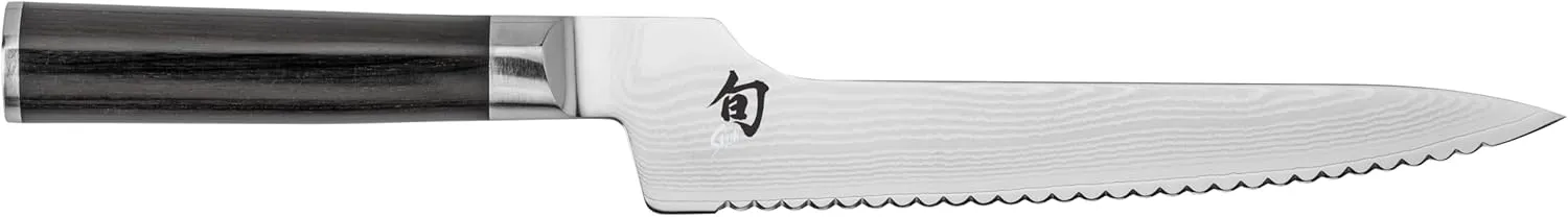 Shun Classic 8.25" Offset Bread Knife, Handcrafted Japanese Serrated Knife, VG-MAX Core with Damascus Stainless Steel Cladding, Pakkawood Handle, Slicing Knife for Professional and Home Chefs