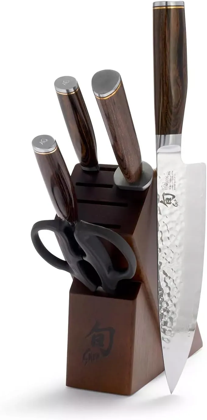 Shun Cutlery Premier 6 Piece Knife Block Set, Includes 8 Inch Chef's Knife, 4 Inch Paring Knife, 6.5 Inch Serrated Utility Knife, Herb Shears, & Honing Steel, Handcrafted Japanese Kitchen Knives