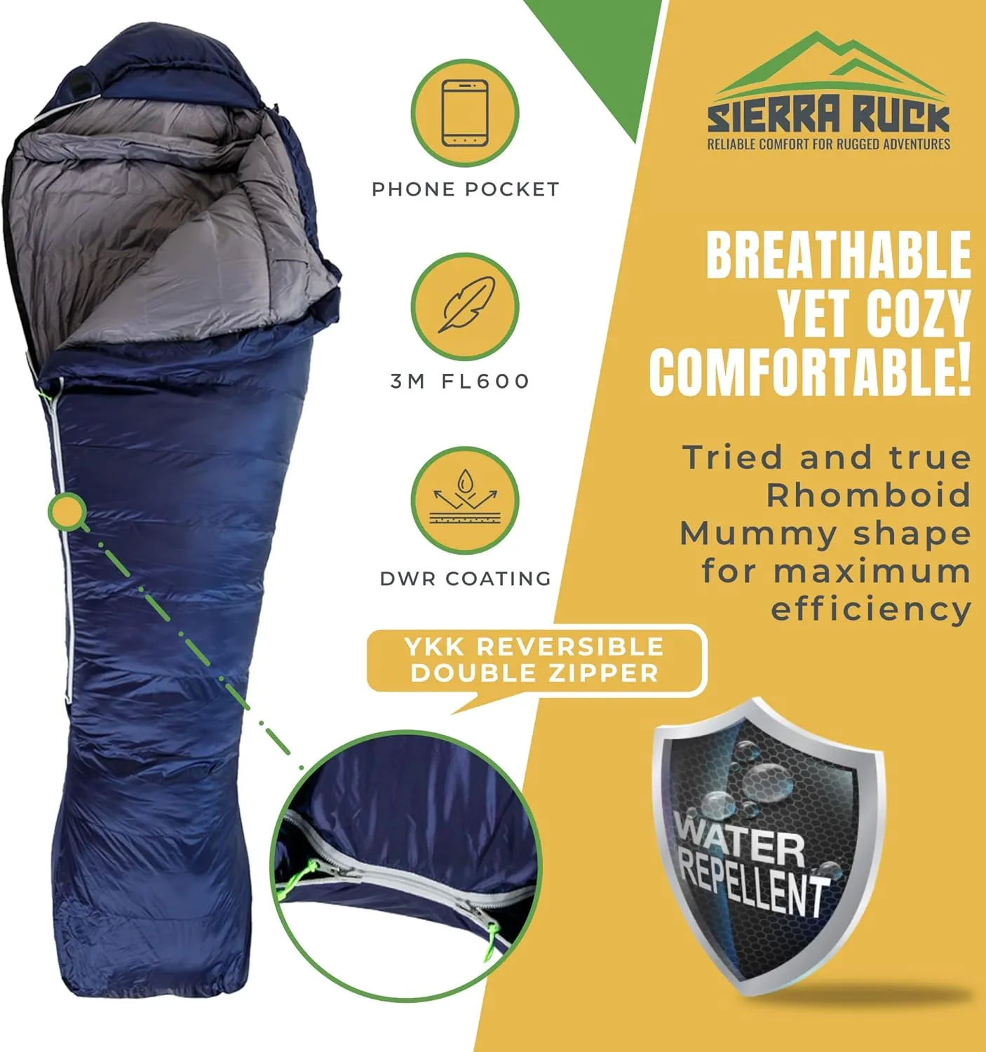 SIERRA RUCK 650 Down Sleeping Bag, Lightweight Pack for Hiking, Backpacking, Trekking and 4 Season Camping